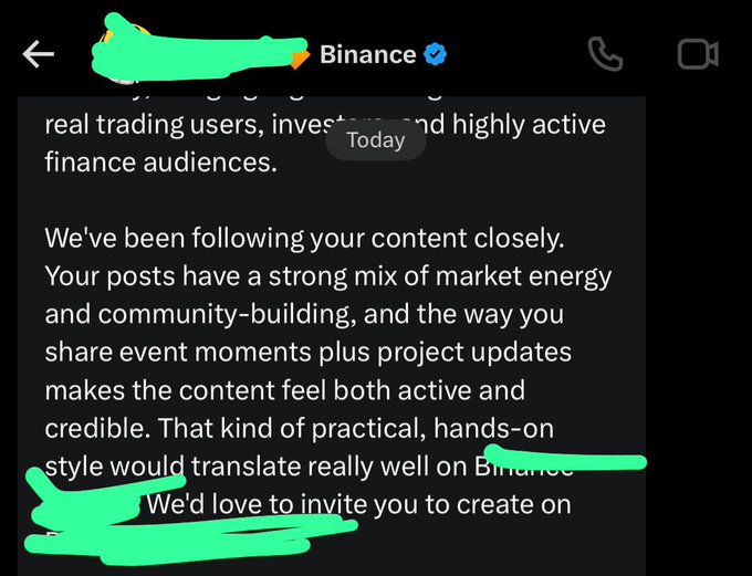 A screenshot of a direct message from a verified Binance account inviting a user to create content on the platform, with parts of the message and username scribbled out in green marker.