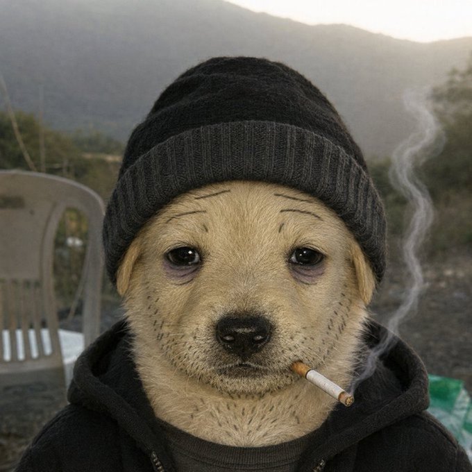 A puppy wearing a beanie and hoodie smokes a cigarette with a contemplative expression, humorously personifying the "tough outsider" attitude often associated with crypto communities. The image metaphorically supports the post's narrative by depicting Kaspa ($KAS) as a scrappy underdog alternative poised to outshine Bitcoin ($BTC).