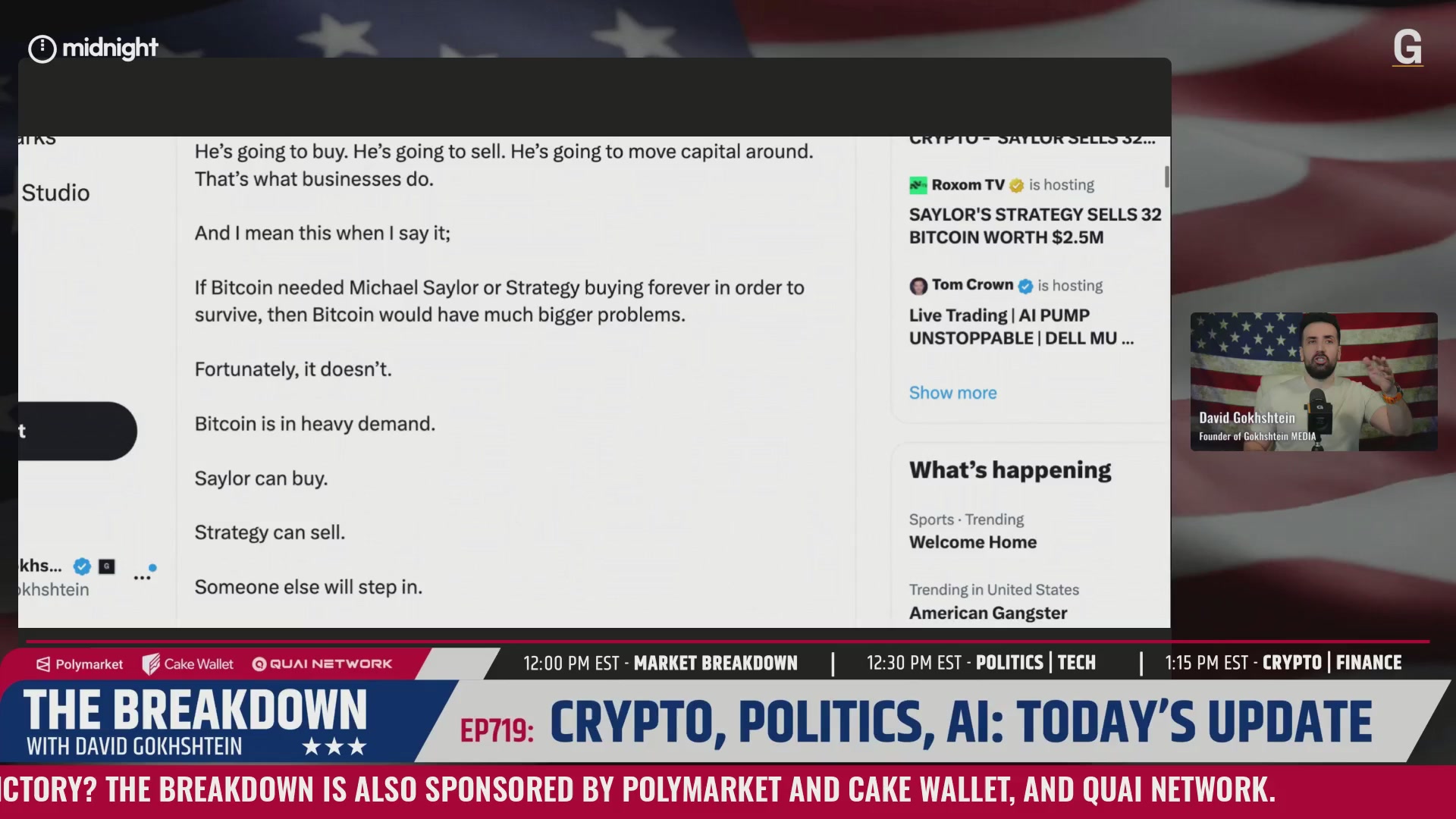 "What's happening?" posted at The Breakdown, which discusses a strategy Michael Saylor shared about buying Bitcoins. Bitcoin has recently been going through a growth spurt with its value increasing from around $16 in 2012 to $3500 currently. This sudden increase could be attributed to factors such as increased adoption by businesses and individuals or the discovery of new uses for Bitcoins in transactions, etc. The post is accompanied by a screenshot showing what Michael Saylor said about buying Bitcoin.
