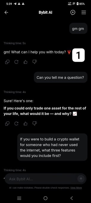 A screenshot of a Bybit AI chat interface discussing crypto wallet features and trading assets.