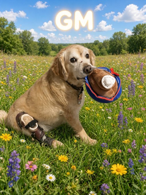 A golden retriever dog sits in a flower-filled field, wearing a leg brace and holding a stuffed dog toy in its mouth, with the text "GM" glowing above.