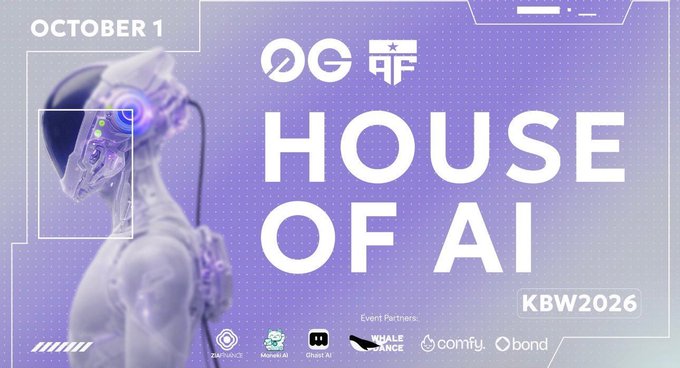 A purple promotional graphic for 'HOUSE OF AI' event on OCTOBER 1, part of KBW2026 (Korea Blockchain Week), featuring event partners including Zero Finance, Neutrl, GRASS AI, Whale Finance, Comfy, and Bond, alongside 'OG' and 'AF' logos.