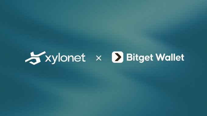 A promotional graphic displaying the logos for "xylonet" and "Bitget Wallet" on a teal, wavy background.