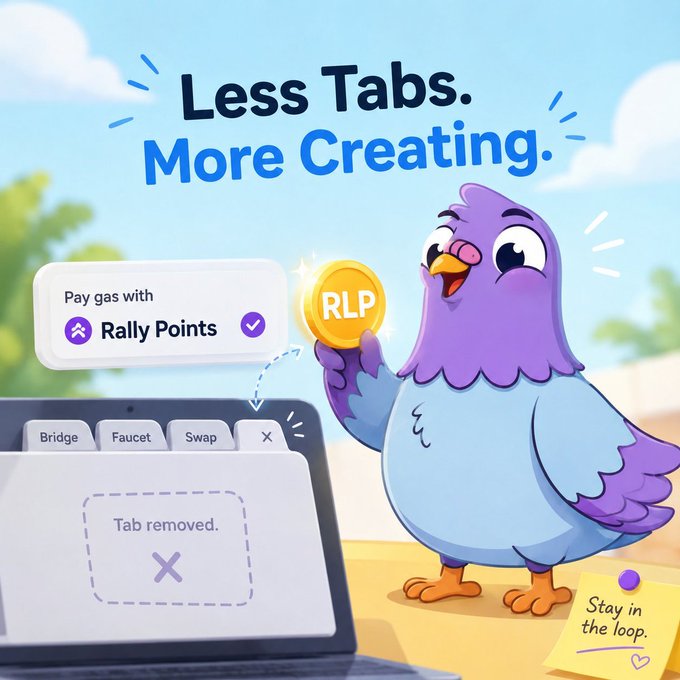 The image features a cartoon bird holding up a gold coin with its wings, as if presenting it for payment. The text above the bird reads "Less tabs. More creating." This suggests that the creator has decided to use Rally Points instead of ETH to fund their next project or update their platform. The bird is shown in front of an open laptop computer, which further emphasizes the connection between the image and the post about creators paying gas fees with Rally Points.