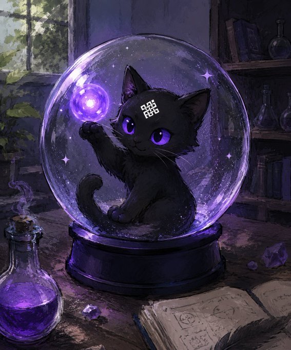 A fantasy illustration of a cute black kitten with glowing purple eyes sitting inside a glowing purple crystal ball, accompanied by a small potion bottle and an open spell book.