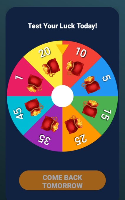 A digital 'Test Your Luck Today!' spinning wheel game is shown with various numbered segments (5, 10, 15, 20, 25, 35, 45, 7) containing red bag icons, and a 'COME BACK TOMORROW' button below.
