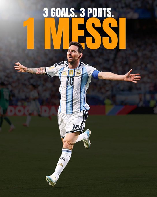 The image features a soccer player celebrating his goal, with arms outstretched as he runs across the field. The background shows a stadium filled with spectators, indicating that this moment captured during the game is significant. The caption "gm should we still debate who'S THE GOAT?" suggests that there might be some discussion or debate about the player's performance and skill level in soccer.

The image also includes text that reads "3 goals. 3 points. 1 messi", which could be a reference to the number of goals scored by the soccer team, as well as the number of points they have accumulated during the game.