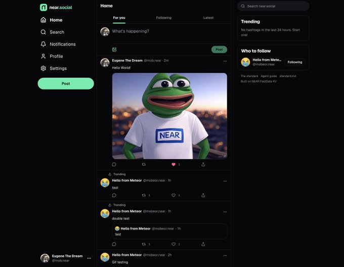 A screenshot of the 'near.social' social media platform homepage, displaying a post by 'Eugene The Dream' (@mcbear) featuring a Pepe the Frog character wearing a 'NEAR' t-shirt, with several other posts from 'Hello from Meteor' visible below.