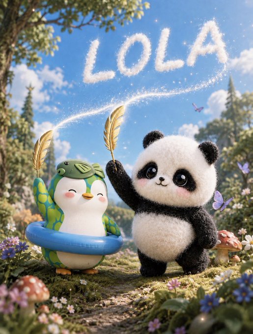A cute 3D-rendered illustration of a panda waving a sparkler next to a penguin-like character holding a feather, writing 'LOLA' in the sky above them in a whimsical forest setting.