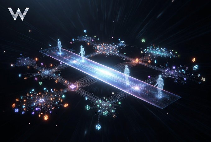 Abstract digital/web3 themed illustration showing glowing holographic human figures on a bridge over a network of interconnected colorful nodes and icons, with a 'W' logo in the upper left corner.