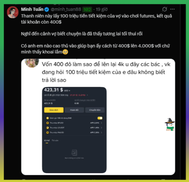 A Vietnamese tweet from @minh_tuan88 about a young man who took 100 million in savings to trade futures, ending with only $400 left, asking for advice on growing it back to $4,000.