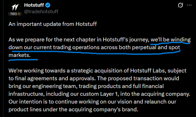 A tweet from Hotstuff (@tradehotstuff) announces an update about winding down current trading operations across perpetual and spot markets, highlighting that Hotstuff Labs will be acquired.