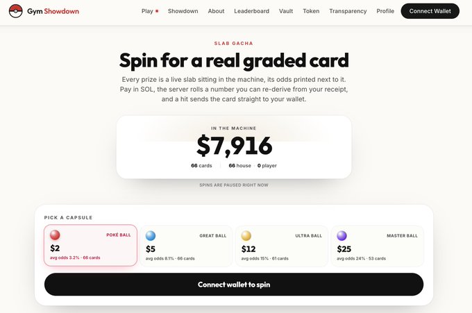 A screenshot of the 'Gym Showdown' website showing a 'SLAB GACHA' game with a $7,916 prize pool and options for Poke Ball, Great Ball, Ultra Ball, and Master Ball capsules.