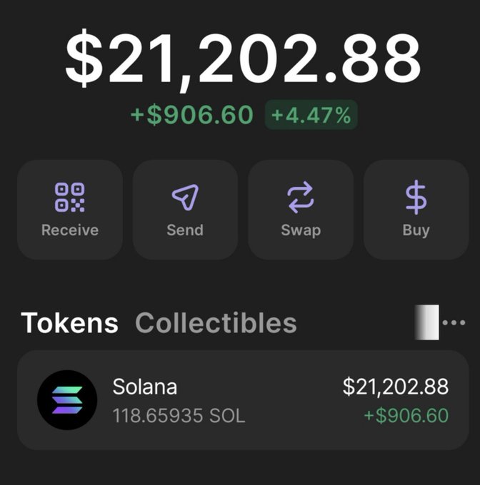 A crypto wallet screenshot showing a Solana (SOL) balance of 118.65935 SOL valued at $21,202.88, with a daily gain of +$906.60 (+4.47%). The image appears to support a giveaway post asking users to comment their Solana address to potentially receive SOL.