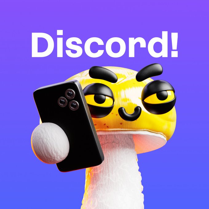 An advertisement for Discord featuring a cartoonish yellow snake-like character with a mischievous expression holding a black smartphone against a purple background.