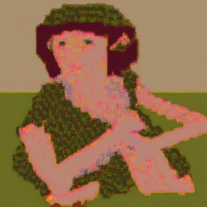 A pixelated, low-resolution digital portrait of a person with short dark hair wearing a pinkish top, rendered in soft pink, green, and tan tones with a green background.
