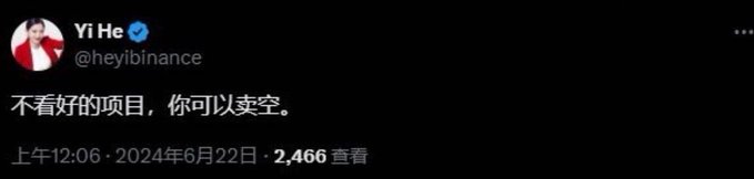 A tweet from Yi He (@heyibinance) dated June 22, 2024, stating in Chinese '不看好的项目，你可以卖空' (For projects you don't believe in, you can short).