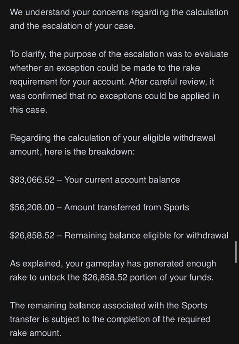 A text message explaining the calculation of an eligible withdrawal amount for a gambling/betting account, breaking down $83,066.52 current balance minus $56,208.00 transferred from Sports, leaving $26,858.52 eligible for withdrawal based on generated rake.