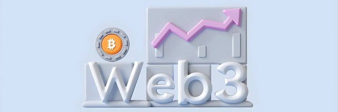 A 3D rendering featuring the text "Web3" with a bar chart showing an upward arrow and a Bitcoin coin on a light blue background.