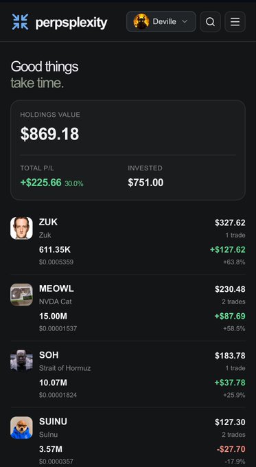 A screenshot from Perpsplexity showing a "Good things take time" portfolio with a holdings value of $869.18, total P/L of +$225.66 (30.0%), and $751.00 invested. The open positions listed are ZUK (+$127.62, +63.8%), MEOWL (+$87.69, +58.5%), SOH (+$37.78, +25.9%), and SUINU (-$27.70), reflecting the trader's successful meme coin trading on the Sui network.