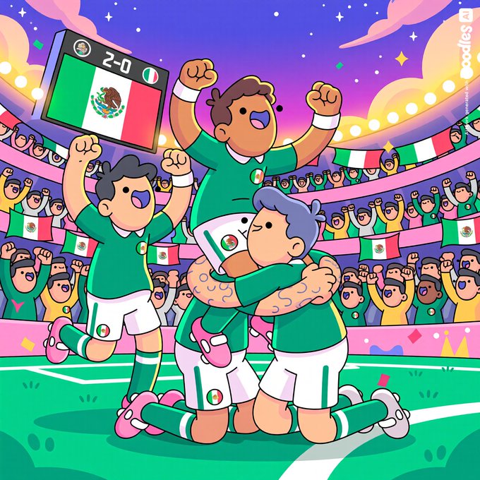 The image features a group of people celebrating their victory at the World Cup, specifically in South Africa. The main focus is on three men who are hugging each other with joyous expressions, surrounded by an enthusiastic crowd. There's also a soccer ball visible in the scene, indicating that they have just won a match or secured a victory for their team. The post includes text such as "World Cup'26 with @doodles AI on: doodlesvault.xyz mex 2 - 0 south africa".