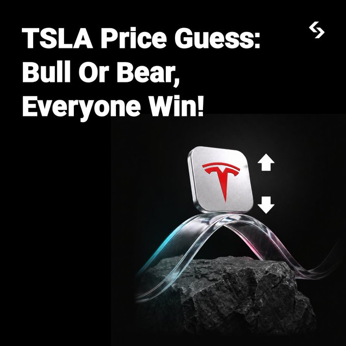 A promotional graphic with the bold text "TSLA Price Guess: Bull Or Bear, Everyone Win!" featuring a metallic Tesla logo with up and down arrows on a rock, illustrating the post's invitation to predict TSLA price movements and earn rewards on Bitget.