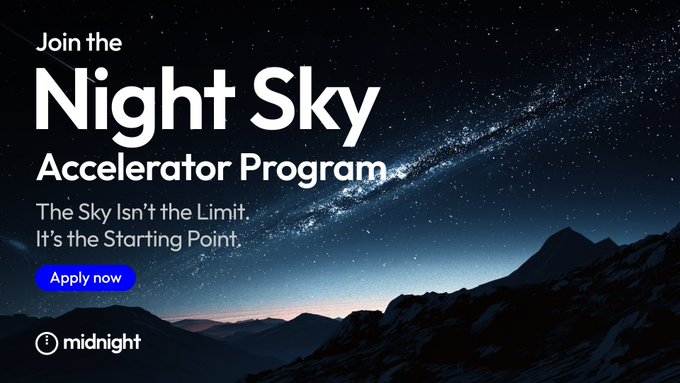 The image features a night sky with stars and mountains, which serves as the backdrop for an advertisement promoting the Night Sky Accelerator Program. The text "JOIN THE NIGHT SKY ACCELERATOR PROGRAM" is displayed at the top of the image, while the phrase "THE SKY ISN'T THE LIMIT. IT'S THE STARTING POINT." is written below it. The program aims to provide mentorship and support for early-stage teams building privacy-first businesses.
