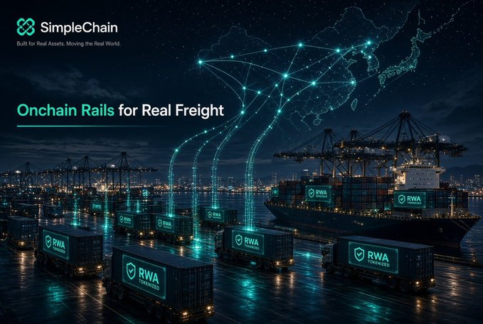 A promotional graphic for SimpleChain featuring the tagline 'Built for Real Assets. Moving the Real World' and 'Onchain Rails for Real Freight,' depicting RWA-tokenized shipping containers at a port with a glowing digital map of Asia overlaid.