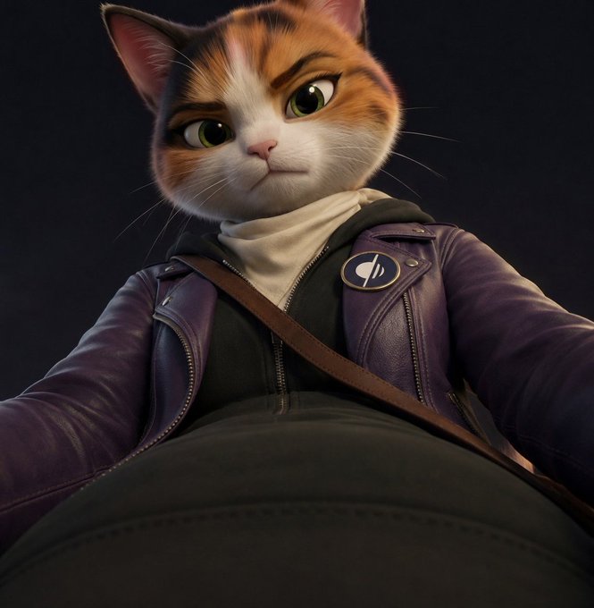 A 3D-rendered character with an orange and white cat head wearing a purple leather jacket over a hoodie, featuring an "S" shield pin on the lapel.