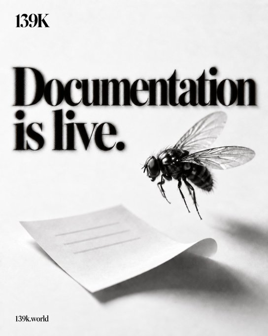 A black-and-white promotional graphic with the text '139K Documentation is live.' and '139k.world', featuring a detailed illustration of a fly hovering over a piece of paper.
