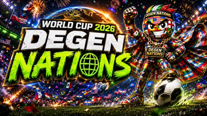 The image features a poster for World Cup 2026 Degen Nations, which has a soccer ball at its center surrounded by various characters representing different countries. The poster also includes text that reads "World Cup 2016 Degen Nations" and "We are live. On @Pumpfun Cjb2ZTruAcP4QiBRvHfi596VNf3YagavtEWBAQDSpump". This suggests that the image is part of a promotional campaign for the World Cup, with the characters and text emphasizing the theme of international unity through sports.