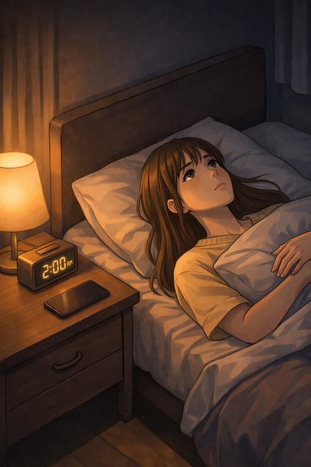 An anime-style illustration of a young woman lying in bed under warm lamplight, gazing upward, with a digital clock showing 2:00 AM and a smartphone on the bedside table.