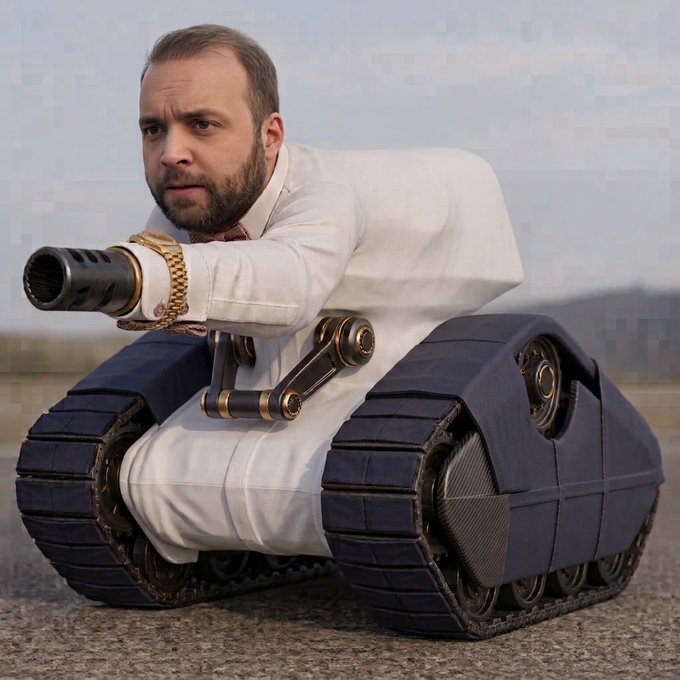 A bearded man in a white suit with gold chain is photoshopped into a tank body with tracks, humorously depicted as a human "meme tank." This absurd "weaponized" meme figure visually represents the post's tongue-in-cheek claim that such a ridiculous memecoin concept would command a massive $100M market cap on $AVAX.