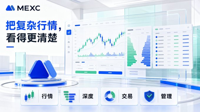 A promotional graphic for MEXC cryptocurrency exchange featuring Chinese text translating to 'See complex market trends more clearly', showing candlestick charts, depth, and trading interface previews.