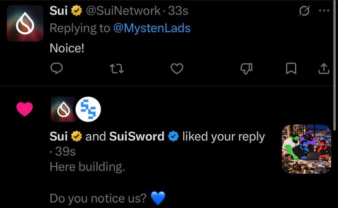 A screenshot of a Twitter exchange shows the official @SuiNetwork account replying "Noice!" to @MystenLads, with both Sui and SuiSword liking a follow-up reply asking "Do you notice us?"—visual evidence supporting the post's claim that the Sui Network is actively engaging with the $LADS project while it's still at 40% on its SUIPUMP bonding curve.