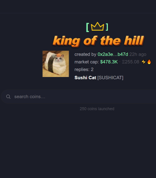A digital trading card titled "king of the hill" features the Sushi Cat (SUSHICAT) token with a market cap of $478.3K and 2 replies, created by 0x2a3e...b47d 22h ago, tying into the post's promotion of Sushi Cat as a launchpad project on Robinhood Chain.