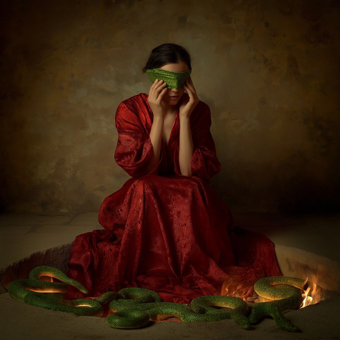 A woman in a flowing red dress sits on the ground holding a green snake over her eyes, surrounded by other green snakes and small flames against a textured brown backdrop.
