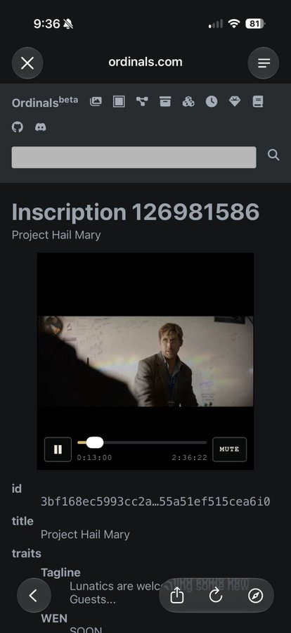 A mobile screenshot of ordinals.com showing Inscription 126981586 titled 'Project Hail Mary' with an embedded video player.