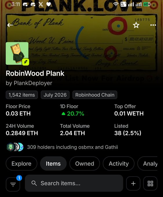 A mobile screenshot of the OpenSea NFT marketplace displaying the 'RobinWood Plank' collection by PlankDeployer on Robinhood Chain, showing 1,542 items, a floor price of 0.03 ETH, and 309 holders.
