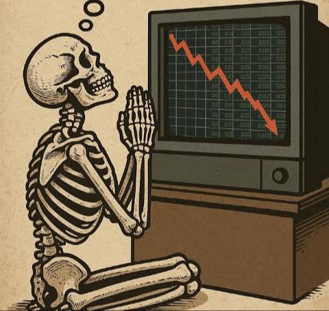 A skeleton kneels in prayer before a stock chart showing a steep red downward trend, humorously symbolizing the futility of trying to time market bottoms and take profit before losses. The macabre depiction captures the despair of a trader who keeps hoping "One More Bull Run" will save their portfolio before it's too late.