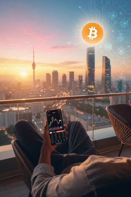 A person relaxes on a balcony overlooking a sunset cityscape while checking a crypto trading chart on their phone, with a glowing Bitcoin logo and blockchain graphics floating above—visually reinforcing the post's "GM #Crypto" message of staying invested in the grind.