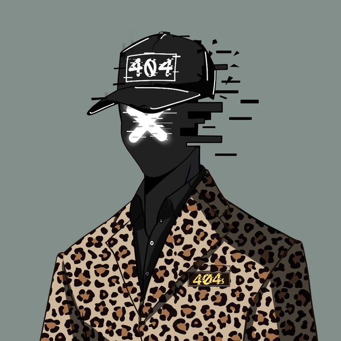 A faceless figure in a leopard-print blazer and black cap displaying "404" appears to be glitching away, visually representing digital scarcity and rarity in the NFT space. The "404" branding and fragmented aesthetic tie into the post's theme of curating valuable collections before their mint, suggesting the importance of securing assets before they disappear from availability.