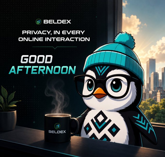 A promotional graphic for BELDEX featuring a penguin mascot in a blue beanie and glasses holding a steaming "BELDEX" mug, with the text "GOOD AFTERNOON" and "PRIVACY, IN EVERY ONLINE INTERACTION".