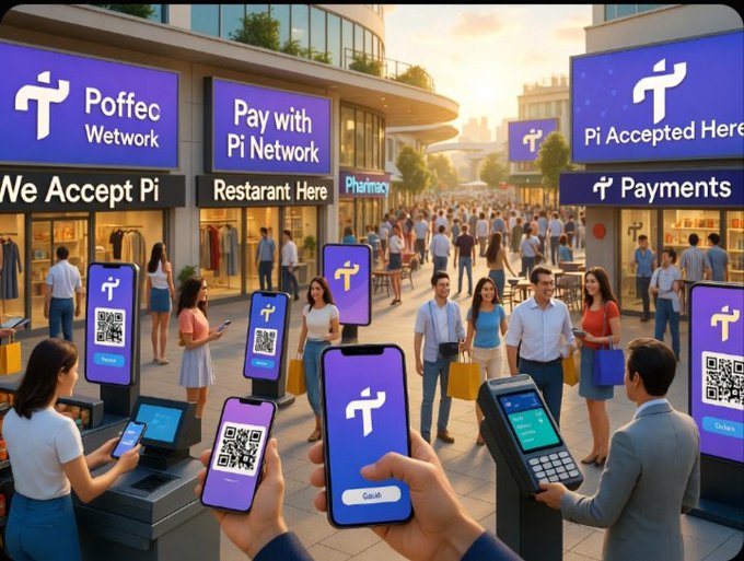 AI-generated illustration of a busy shopping district with storefronts displaying signs like 'Poffec Network', 'Pay with Pi Network', and 'Pi Accepted Here', showing people using Pi Network for payments.