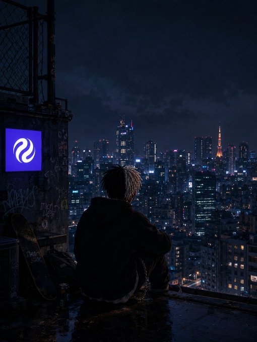 The image shows a person sitting alone at night with their back facing the camera, looking out over a city skyline. The sky above them is dark, creating an atmosphere of solitude or contemplation. In the background, there are buildings that appear to be lit up, possibly indicating nighttime activities in the area. The post about SpaceX IPO conversations has been shared on social media and seems to have caught the attention of the person sitting alone at night.