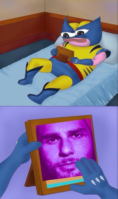 A cartoon image of a superhero character in a yellow and blue costume lying on a bed holding a framed photo that displays a man's face with a pink/purple filter.