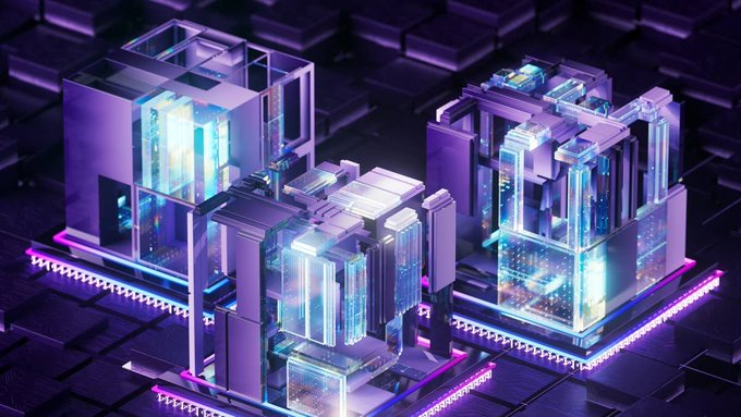 A stylized 3D render shows two compact futuristic machine-like structures glowing with cyan and purple lights on a dark circuit-board surface.