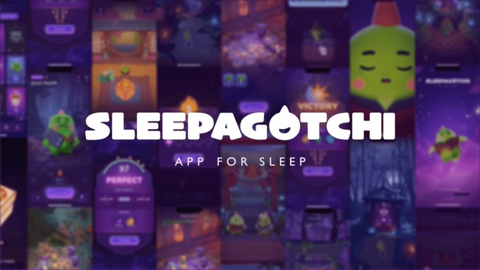 A promotional banner for 'SLEEPAGOTCHI - APP FOR SLEEP' with purple-themed game character graphics in the background.