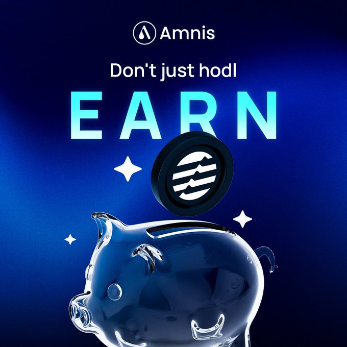 An Amnis promotional graphic with text "Don't just hodl EARN" featuring a coin falling into a glass piggy bank against a blue background.