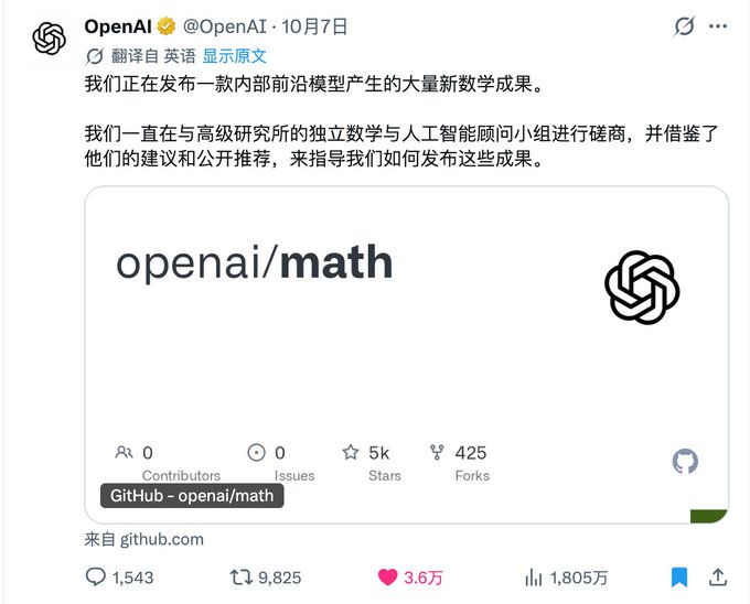 A tweet from OpenAI (@OpenAI, October 7) in Chinese announcing the release of numerous new mathematical results generated by an internal frontier model, featuring a card displaying "openai/math" on GitHub with 5k stars and 425 forks.